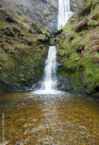 Lower reaches of Pistyll Rhaeader waterfall  at 80 m is the highest waterfall in Wales and a popular tourist attraction in the Berwyn mountains near Llanrhaeadr-ym-Mochnant near Oswestry.