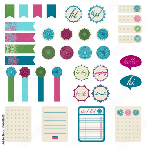 Set of different stickers with the mandala..Stickers for organized planner. Template for planner, scrapbooking, wrapping, wedding invitation, notebooks, diary.