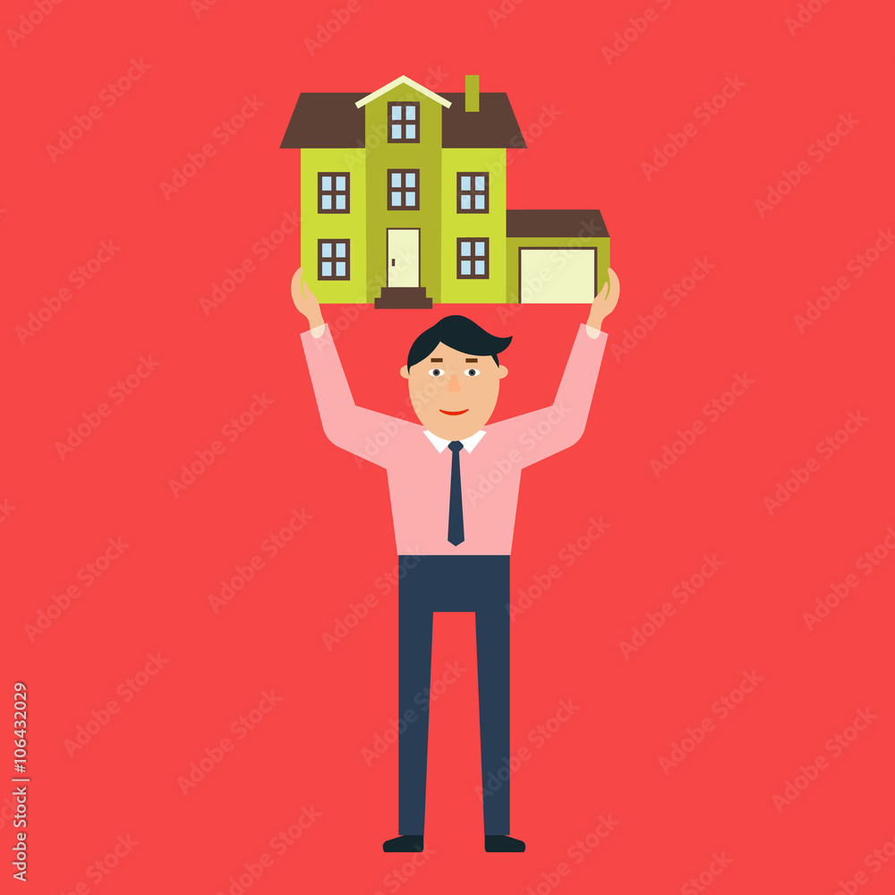Naklejka premium The man is holding a house. Buying or selling a house, renting