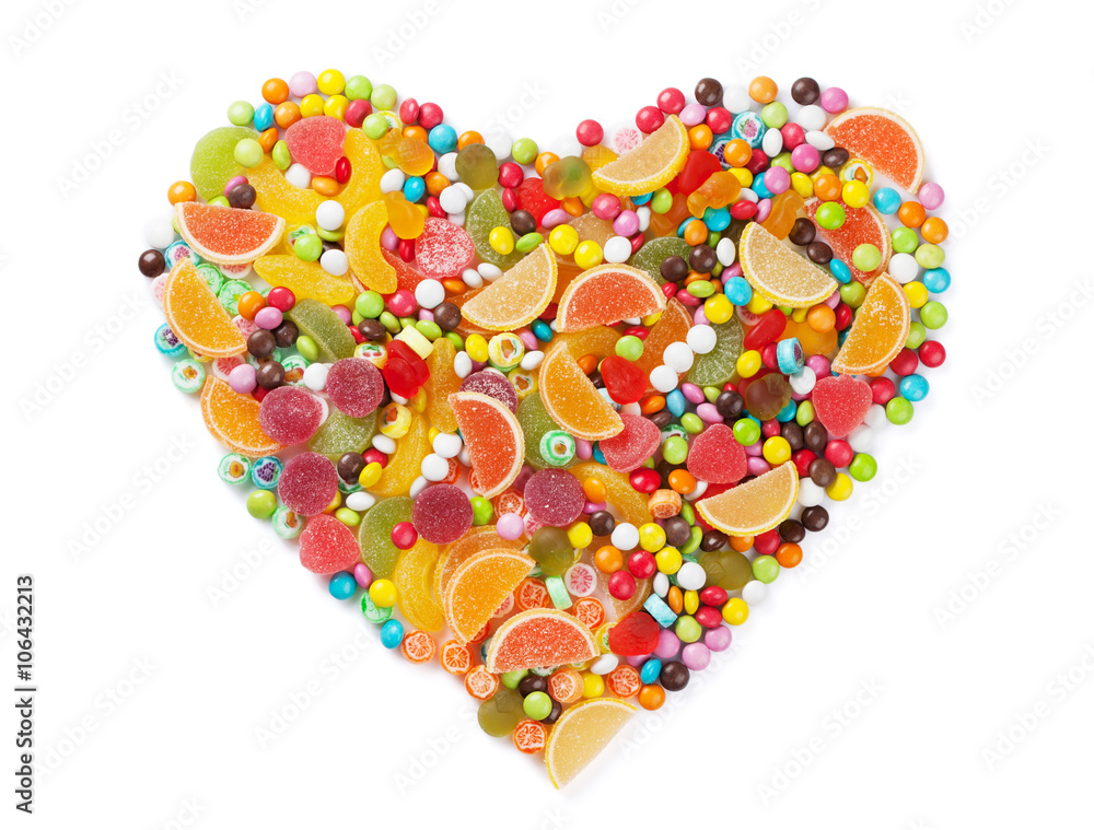 Colorful candies, jelly and marmalade heart Colorful candies, jelly and marmalade heart