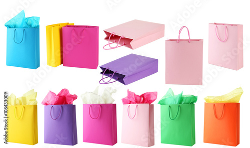 Colorful shopping bags isolated on white, collage