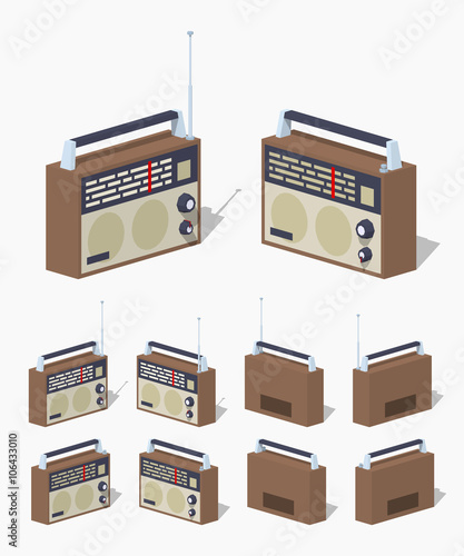 Retro radio set. 3D lowpoly isometric vector illustration. The set of objects isolated against the white background and shown from different sides