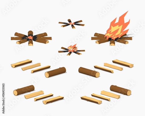 Campfire and firewood. 3D lowpoly isometric vector illustration. The set of objects isolated against the white background and shown from different sides