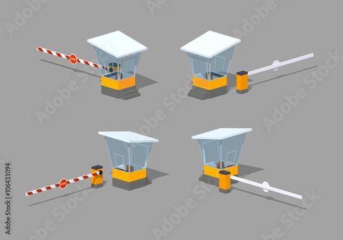 Barrier and toll booth. 3D lowpoly isometric vector illustration. The set of objects isolated against the grey background and shown from different sides photo