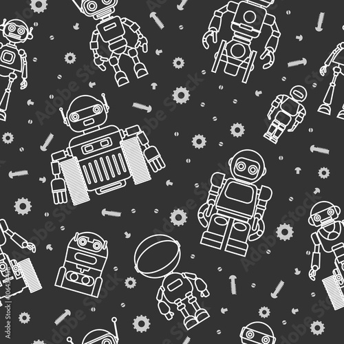 Modern seamless robots and cogwheels flat linear pattern on black background. Vector illustration.