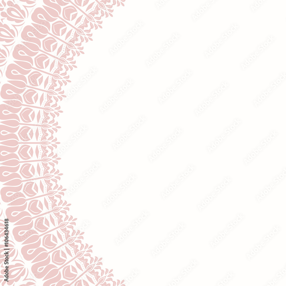 Fototapeta premium Oriental vector pink frame with arabesques and floral elements. Floral fine border. Greeting card with place for text