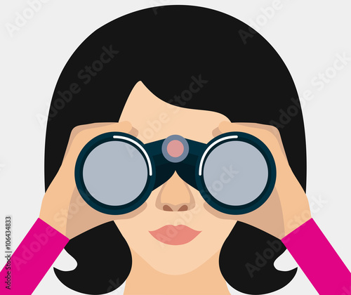 Woman holding binoculars. A woman in search. Vector illustration