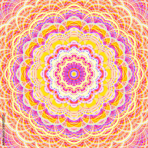 Intricate striped flower-like fractal mandala. Digitally generated ornate mandala in bright and pastel warm colors.