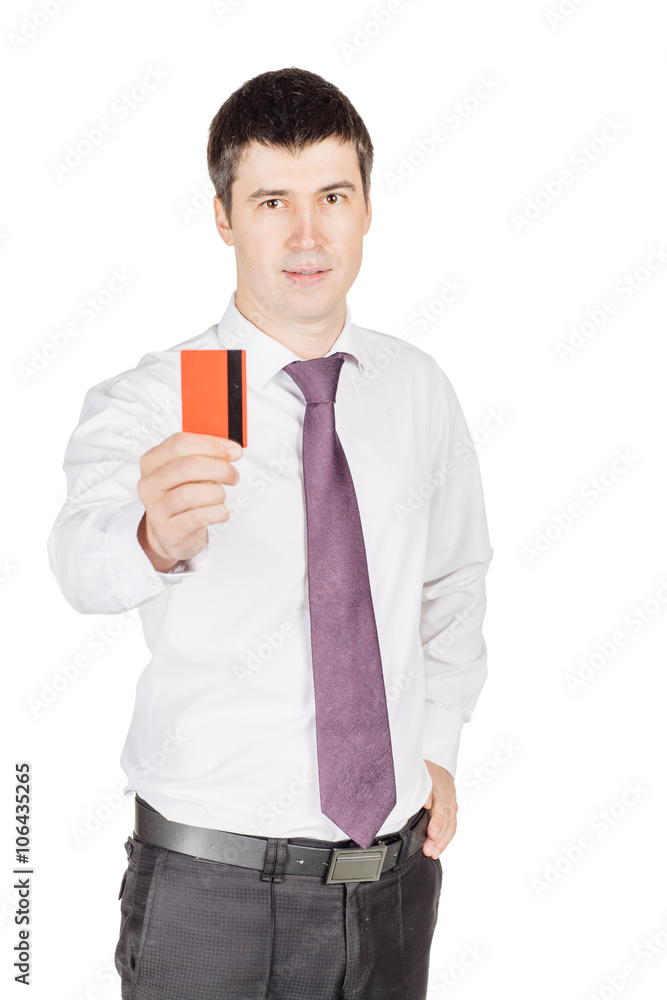 portrait of young smiling business man holding credit card. portrait of young smiling business man holding credit card.