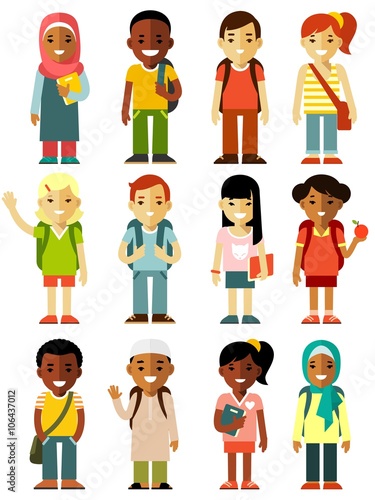 Different school children stand set in flat style