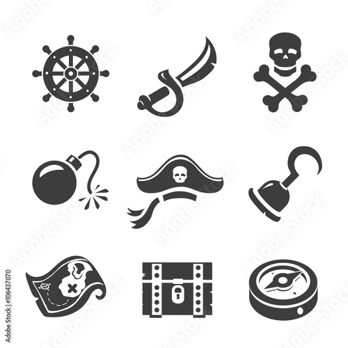 Pirate Icons  Skull and chest, pirates treasure map, pirates hat and sword.