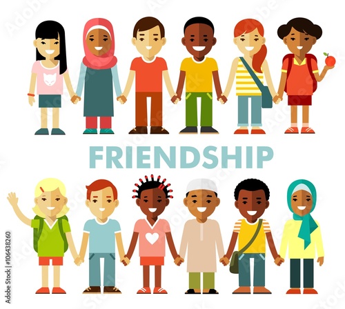 Friendship concept with different multicultural happy children in flat style