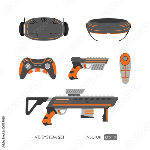 Set of accessories for virtual reality system on white backgroun