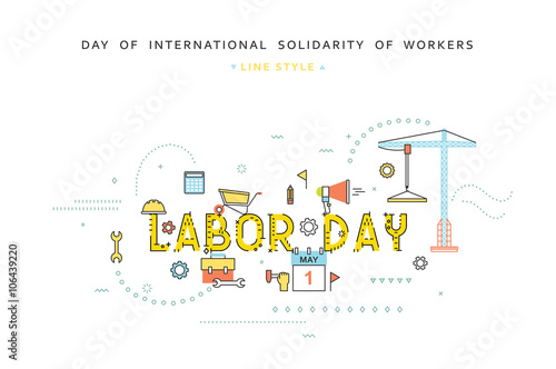 Labor day desing concept in line flat style. Celebration labour. Labour day greetings. Day of international solidarity of workers. 1st May. Concept for business in flat style