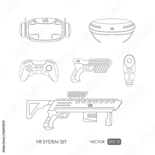 Set of accessories for virtual reality system on white backgroun