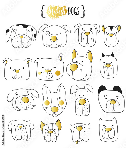 Set of 16 cute dogs doodle . Sketch dog . Dog handmade . Dogs Print  for T-shirts. Print for clothes . Children doodle animals . Stylish dog's muzzle . Isolated dog. PET