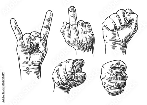 Male Hand sign. Fist, Middle finger up, pointing finger at viewer from front,  fig, Rock and Roll.  Vector vintage engraved illustration isolated on dark background.