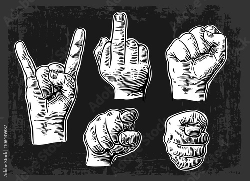 Male Hand sign. Fist, Middle finger up, pointing finger at viewer from front,  fig, Rock and Roll.  Vector vintage engraved illustration isolated on dark background.