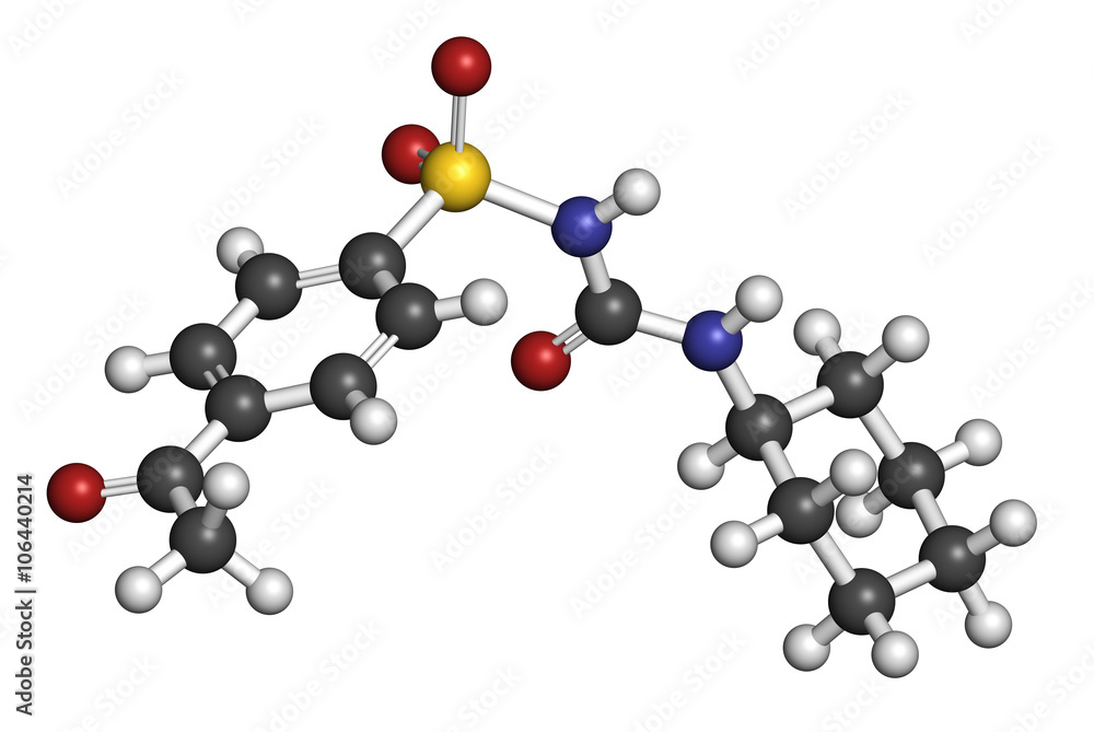 Acetohexamide diabetes drug molecule. 3D rendering. Acetohexamide diabetes drug molecule. 3D rendering.