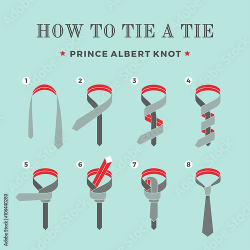 Instructions on how to tie a tie on the turquoise background of the eight steps. Prince Albert knot . Vector Illustration.