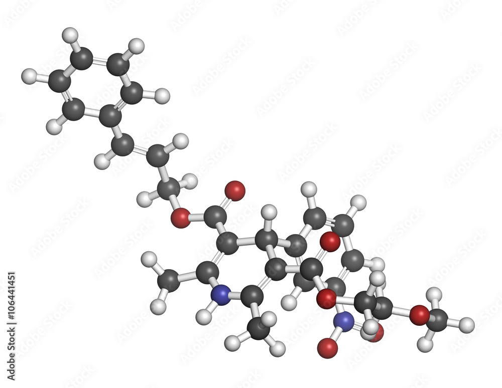 Cilnidipine hypertension drug molecule. 3D rendering. Cilnidipine hypertension drug molecule. 3D rendering.