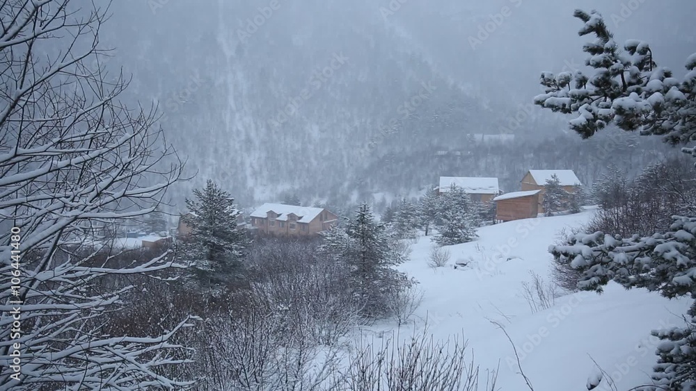 Russia, Republic of North Ossetia, Alania. Movie winter snowstorm in the mountains of the Central Caucasus. Russia, Republic of North Ossetia, Alania. Movie winter snowstorm in the mountains of the Central Caucasus.