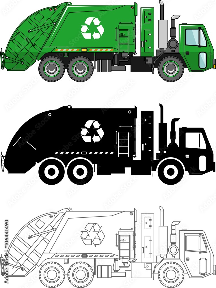 Different kind garbage trucks isolated on white background in flat style: colored, black silhouette and contour. Vector illustration.