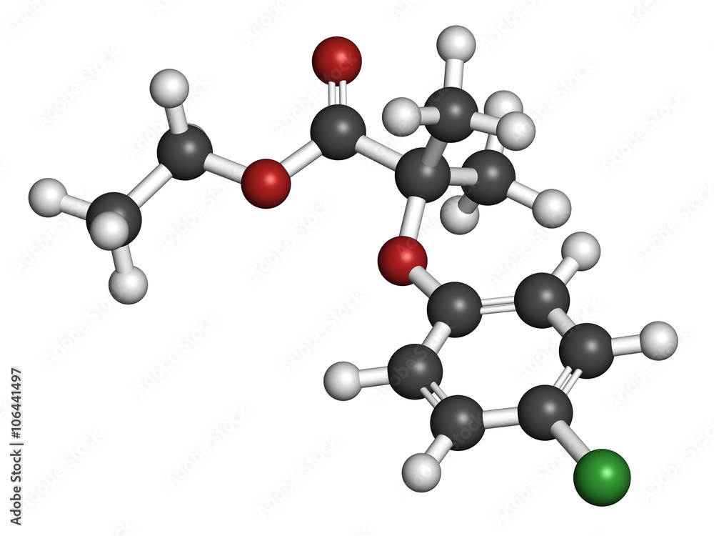 Clofibrate hyperlipidemia drug molecule (fibrate class). Clofibrate hyperlipidemia drug molecule (fibrate class).