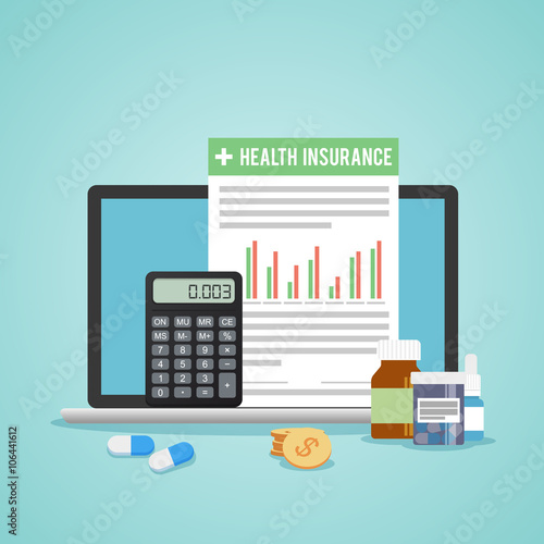 Health insurance form concept. Filling medical documents. Calculator, drugs, money.