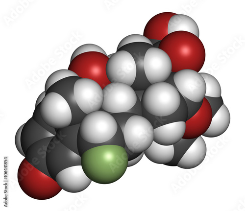 Flunisolide corticosteroid drug molecule. 3D rendering.  photo