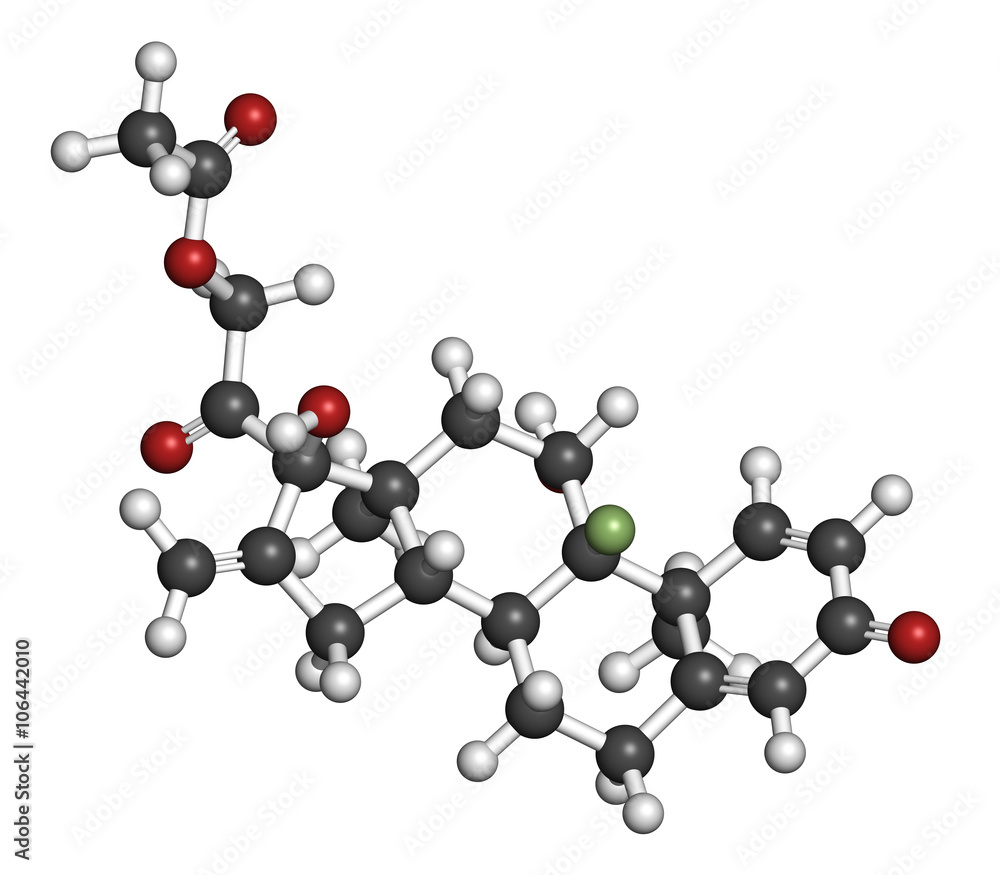Fluprednidene acetate corticosteroid molecule. 3D rendering. Fluprednidene acetate corticosteroid molecule. 3D rendering.