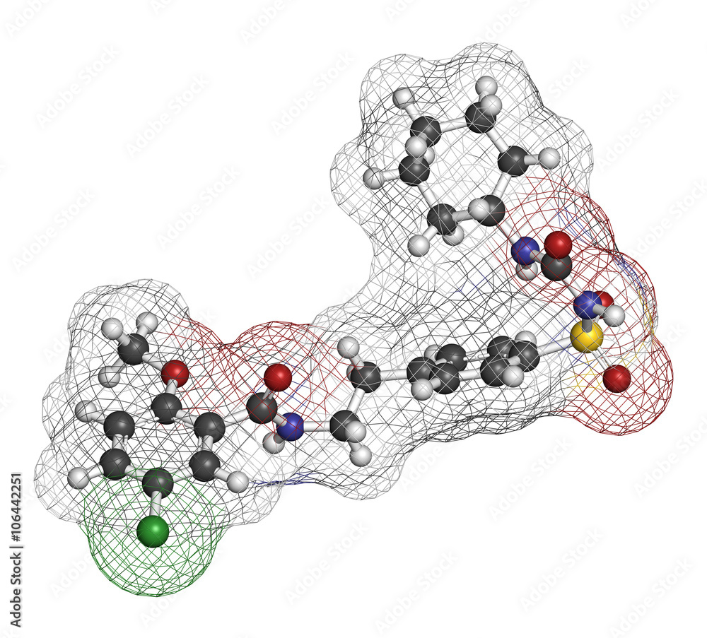 Glibenclamide (glyburide) diabetes drug molecule. 3D rendering.