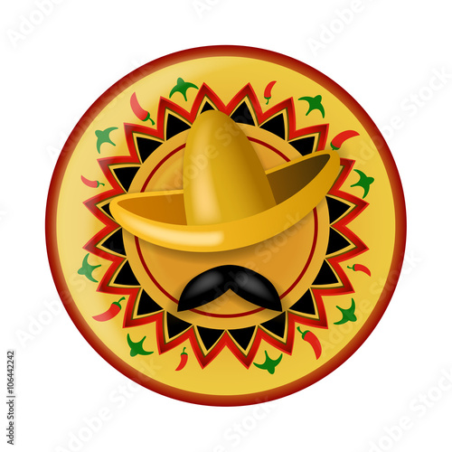 Sombrero and black mustache on background of mexican ornament painted plate