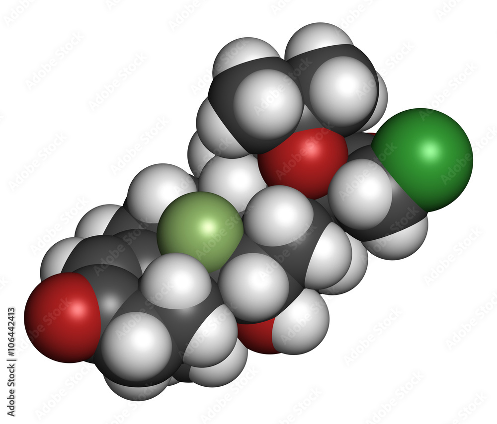 Halcinonide topical corticosteroid drug molecule. 3D rendering. Halcinonide topical corticosteroid drug molecule. 3D rendering.