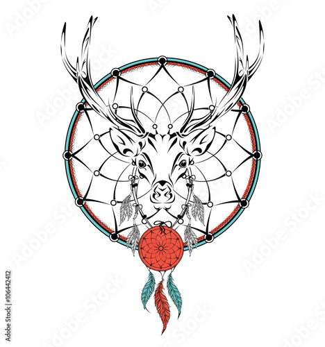 Deer indian warrior, animal hand drawn illustration, native american poster.  Hand draw vector illustration