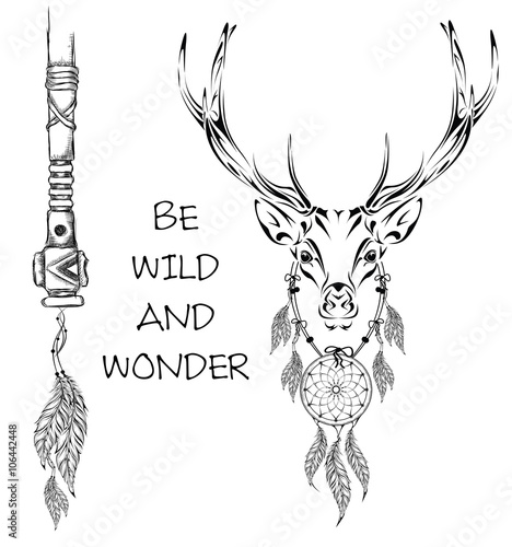 Deer indian warrior, animal hand drawn illustration, native american poster.  Hand draw vector illustration