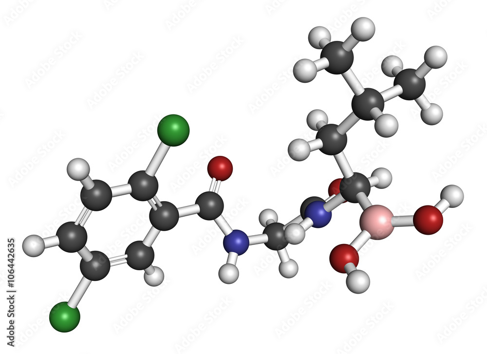 Ixazomib multiple myeloma drug molecule. 3D rendering. 