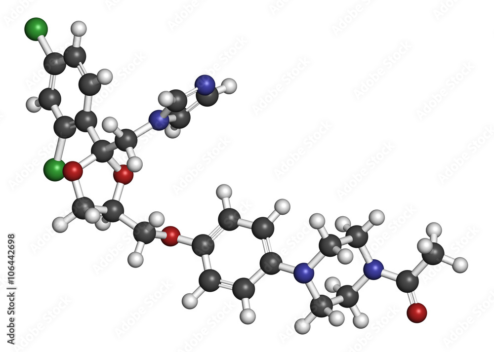 Ketoconazole antifungal drug molecule. 3D rendering. Ketoconazole antifungal drug molecule. 3D rendering.