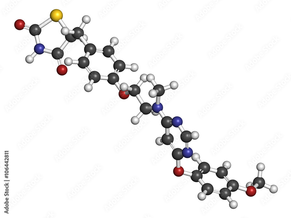 Lobeglitazone diabetes drug molecule. 3D rendering. Lobeglitazone diabetes drug molecule. 3D rendering.