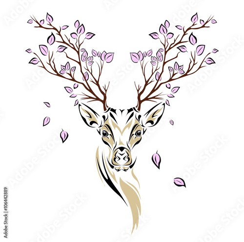 Ethnic colored head of deer with branches on the horns. totem / tattoo design. Use for print, posters, t-shirts. Vector illustration