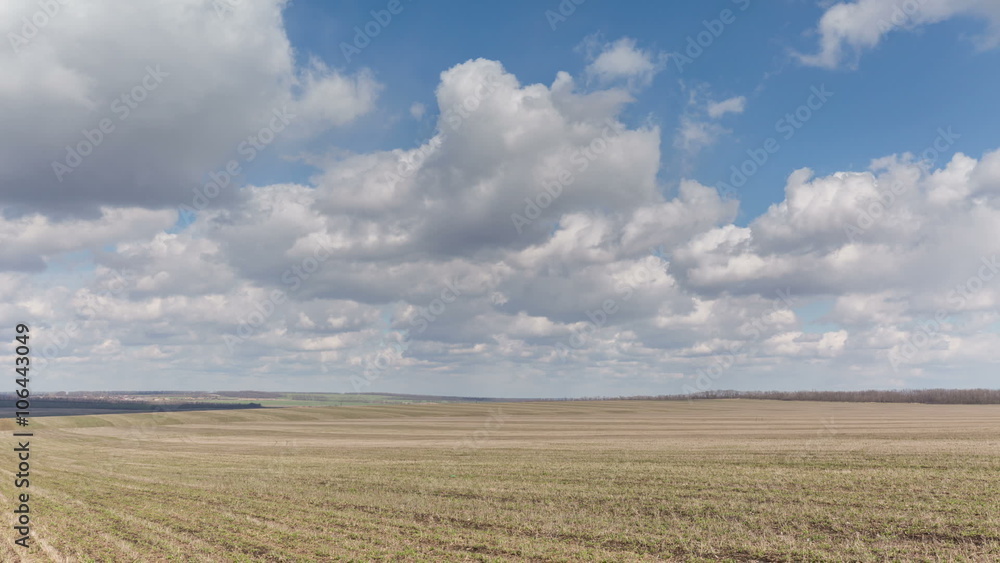 Russia, timelapse. The movement of clouds over the fields of winter wheat in early spring in the vast steppes of the Don. Russia, timelapse. The movement of clouds over the fields of winter wheat in early spring in the vast steppes of the Don.
