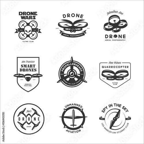 Vector set of drone flying club labels, badges, design elements.