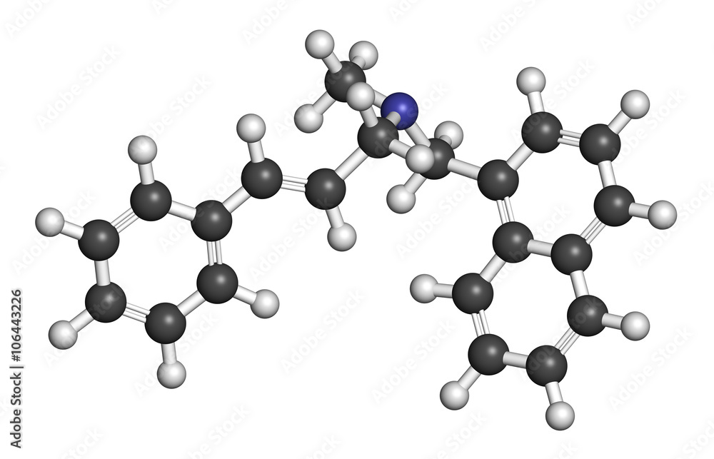 Naftifine antifungal drug molecule. 3D rendering. Naftifine antifungal drug molecule. 3D rendering.