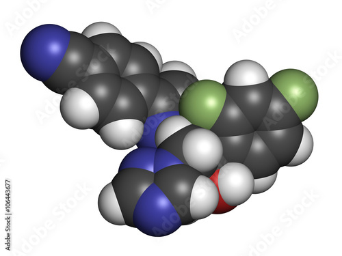 Ravuconazole antifungal drug molecule. 3D rendering. 