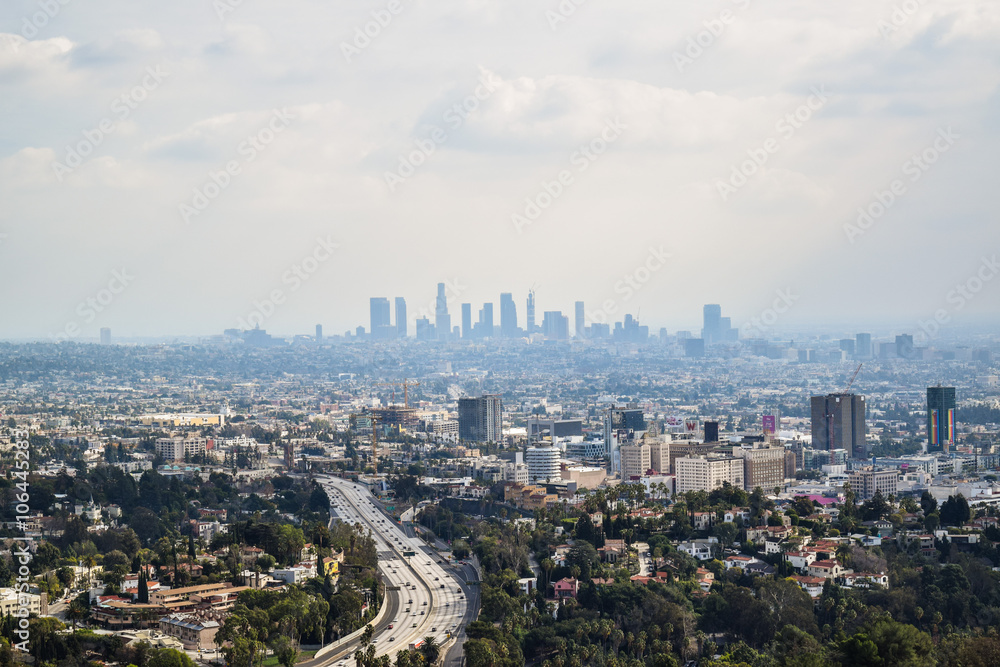 Good sunny day in downtown Los Angeles, California. Aerial view of Los angeles city from Runyon Canyon park Mountain View