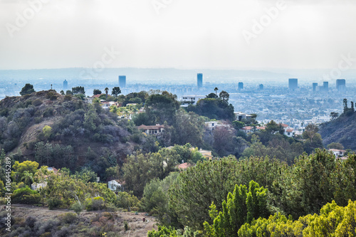 Good sunny day in downtown Los Angeles, California. Aerial view of Los angeles city from Runyon Canyon park Mountain View