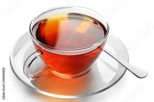 Glass cup of tea isolated on white background