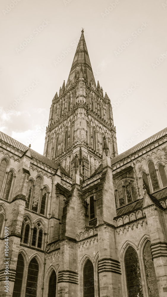 Salisbury Cathedral Tower Low Angle Sepia Tone