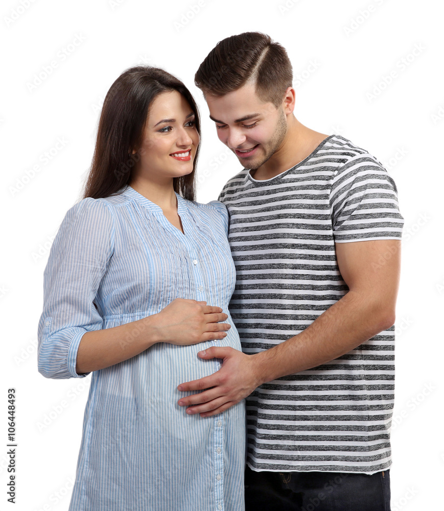 Young pregnant woman with husband isolated on white Young pregnant woman with husband isolated on white