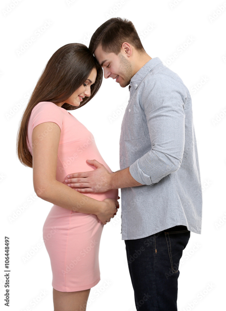 Young pregnant woman with husband isolated on white Young pregnant woman with husband isolated on white